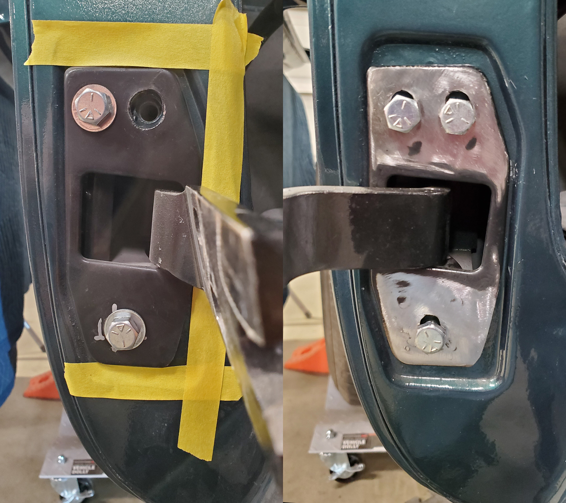 Before and After. Oversized bolt holes are welded up and reestablished with a die grinder. The hinges are tightened in the fully up position on the slots.