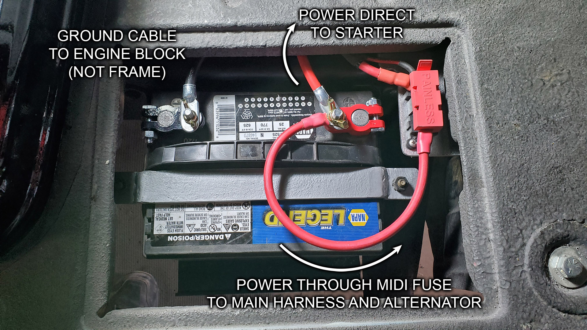 Final connections at battery. Also fabbed a hold down that'll use the original battery box studs.